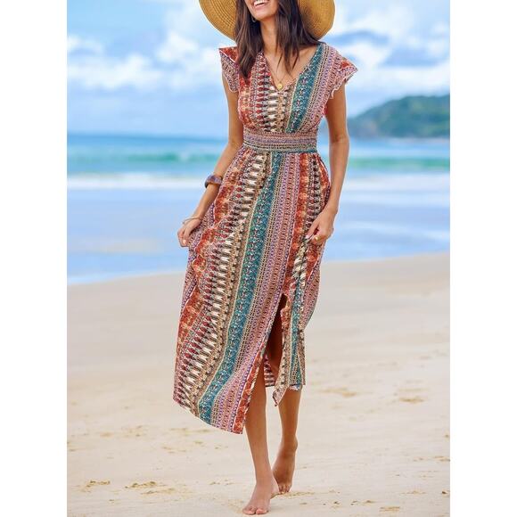 CUPSHE Maxi Dress V Neck Boho Flutter Sleeve Smocked Slit A Line - NWT - Sz L - Picture 3 of 5